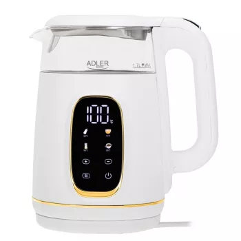 Chaleira elétrica Adler AD 1305WG — 1,7 l, 2200 W, vidro/plástico, branco/dourado/transparente