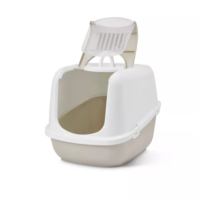 Caixa de areia para gatos com tampa Savic Nestor Jumbo, plástico, 66,5×48,5×46,5 cm, café/branco