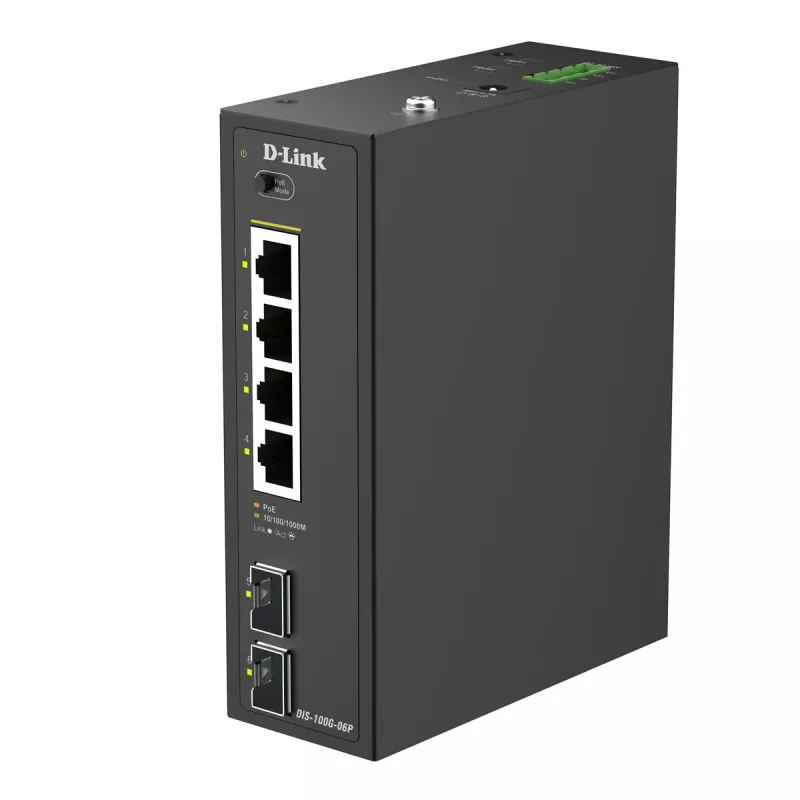 D-Link Switch industrial PoE+ não gerido de 6 portas com 2 portas SFP