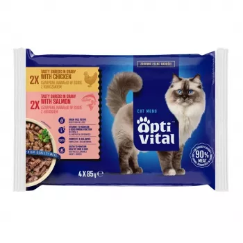 OptiVital Saquetas - Alimento completo para gatos adultos com frango e salmão 4x85g