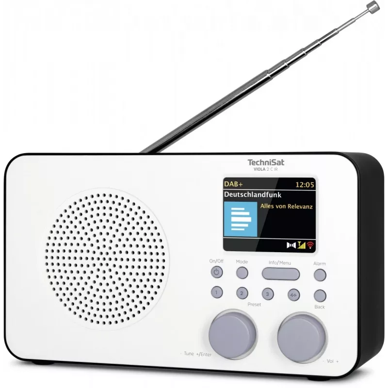 Rádio de internet TECHNISAT VIOLA 2 C IR — sintonizador analógico e digital, DAB+/FM, Wi‑Fi, 3 W, TFT 2,4 polegadas, 3,5 mm, preto/branco