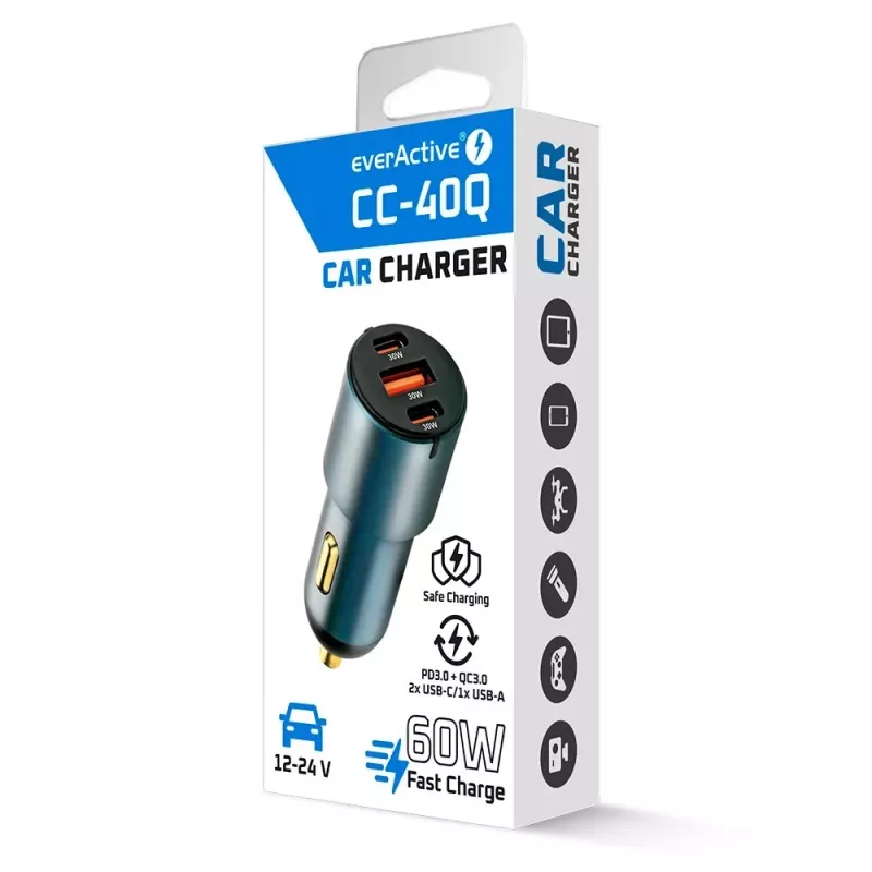 Carregador de automóvel everActive CC-40Q QC3.0 60W, adaptador USB para carregar dispositivos móveis