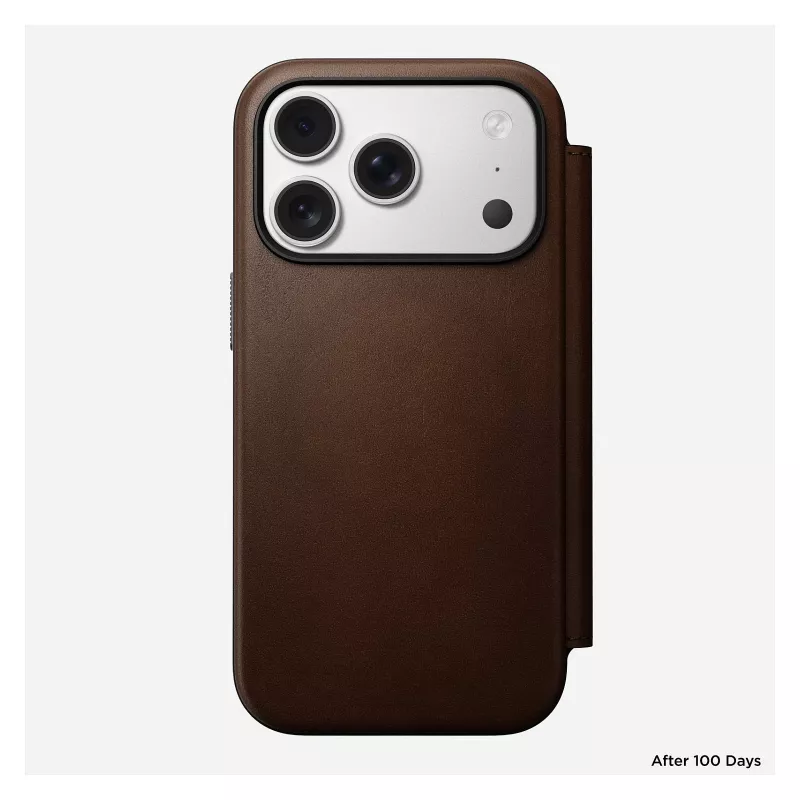 Capa de pele tipo carteira para telemóvel Nomad Modern Leather Folio para iPhone 17 Pro – castanha, compatível com 6,3 polegadas (16 cm), 4 compartimentos para cartões