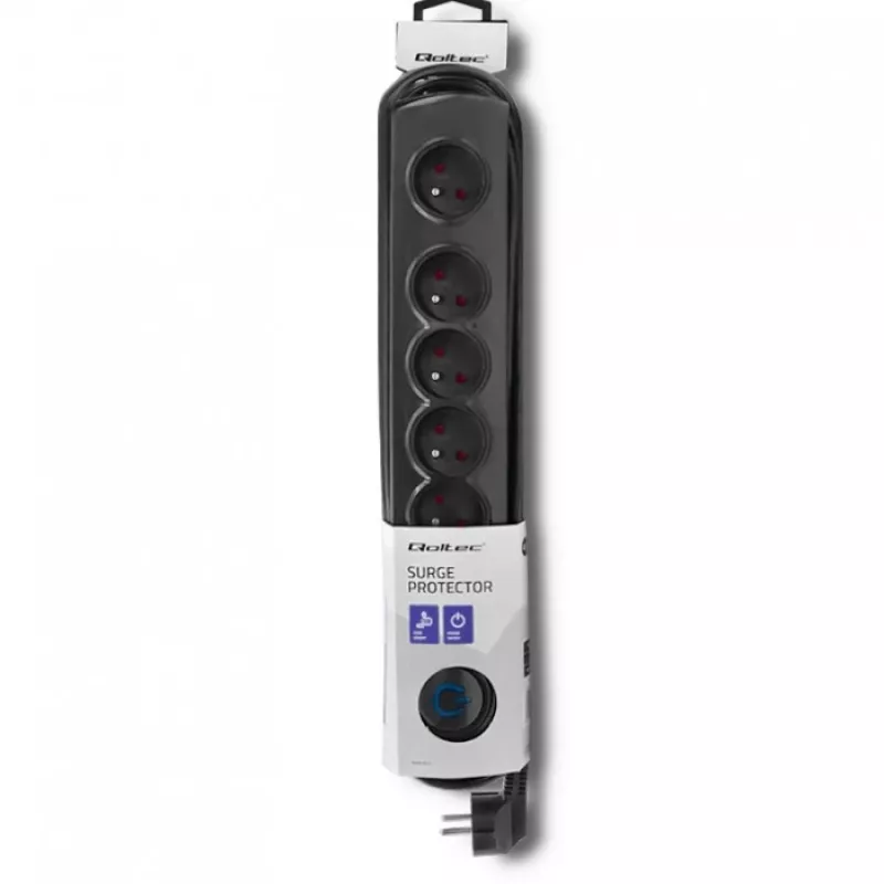 Proteção contra sobretensões Qoltec 50172 preto 6 tomadas AC 230V 5m