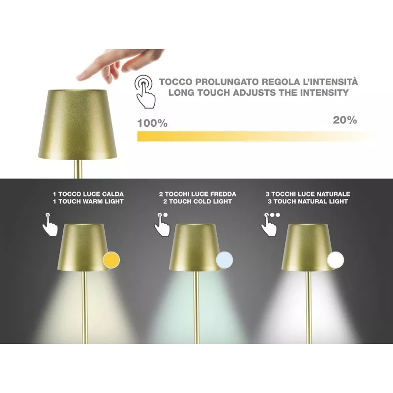 Beper P201UTP116 candeeiro de mesa LED recarregável, 1,5 W, interruptor tátil, regulável, adaptador para garrafa de 33 mm, resistente à água, dourado