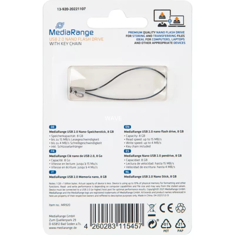 MediaRange Nano - Pen drive USB - 8 GB - USB2.0 - preto (MR920)