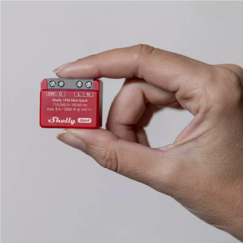 Interruptor inteligente Shelly 1PM Mini Gen4, sem fios 110–240 V AC, máx. 8 A / 2000 W, caixa de plástico 34×16×29 mm