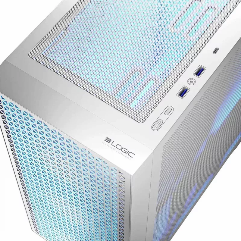 Caixa de PC LOGIC Dart Pro Midi ARGB branco — Midi Tower, ATX, 456×200×385 mm, GPU máx. 34 cm, altura do dissipador da CPU 155 mm, 3x120mm frente + 1x120mm traseira, USB 3.0 x2, USB-C x1
