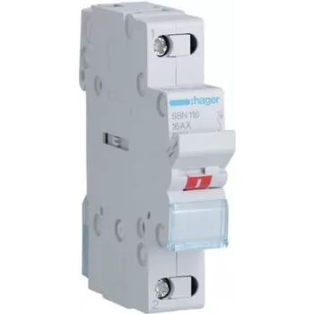 Hager SBN116. Corrente nominal: 16 A. Largura: 17,5 mm, Profundidade: 68 mm, Altura: 83 mm. Tensão da bobina (máx): 440 V (SBN116)