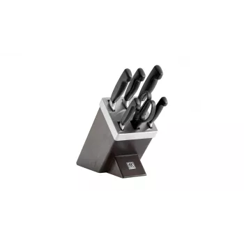 Conjunto de facas e bloco de corte ZWILLING 35145-000-0 — 7 peças, lâminas de aço inoxidável, cabos de plástico, incluindo faca de pão, descascador, faca de cozinha, faca de fatiar, compartimento para tesouras