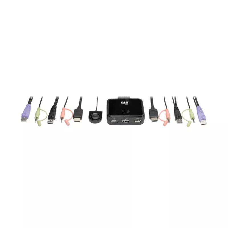 Eaton Tripp Lite series comutador KVM USB/HD de 2 portas com áudio/vídeo, cabos e partilha de periféricos USB - comutador KVM/áudio/USB - 2 x KVM/áudio/USB - 1 utilizador local - Deskt