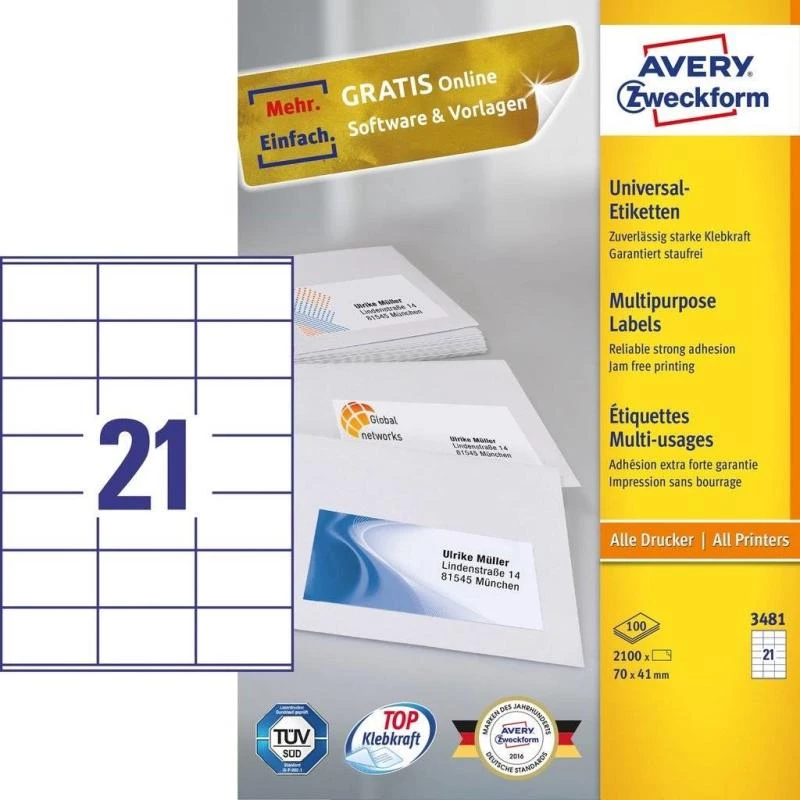 Etiquetas autoadesivas retangulares Avery 3481 permanente branco 2100 unid.