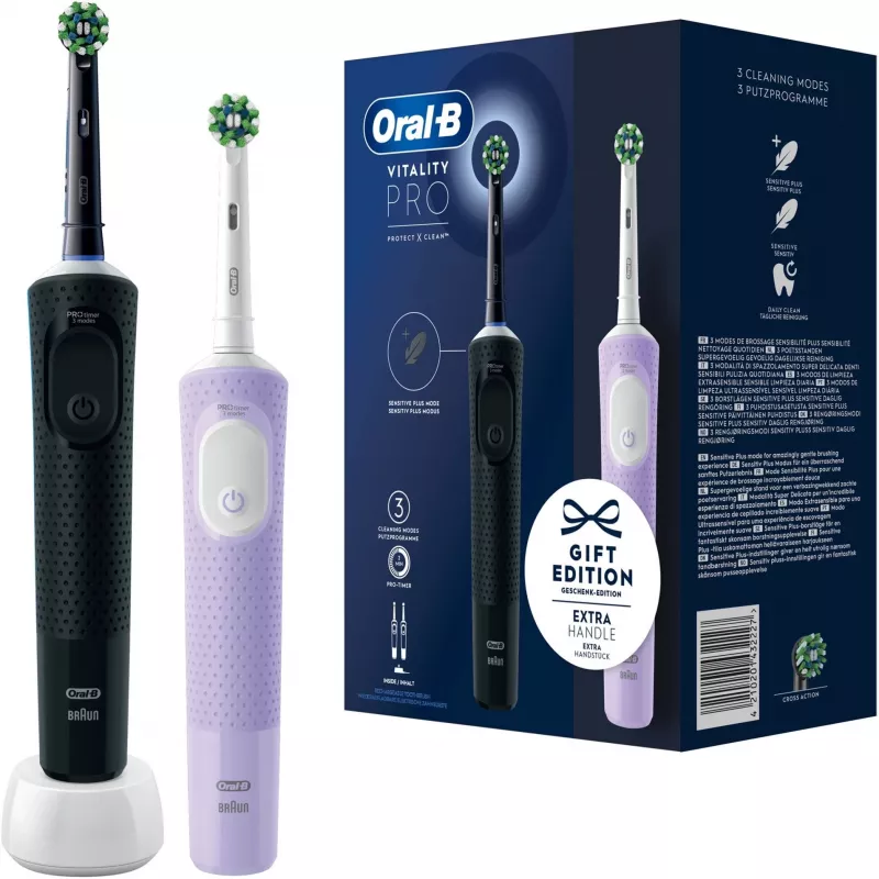 Oral-B Vitality Pro D103 Duo, escova de dentes elétrica preto/lilás, Black/Lilac Violet, incl. 2.ª pega