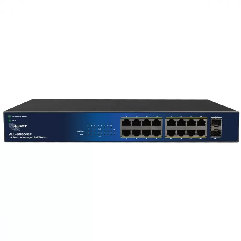Switch PoE Gigabit ALLNET 18 portas ALL-SG8018P — 16 portas PoE + 2 uplink, Gigabit Ethernet