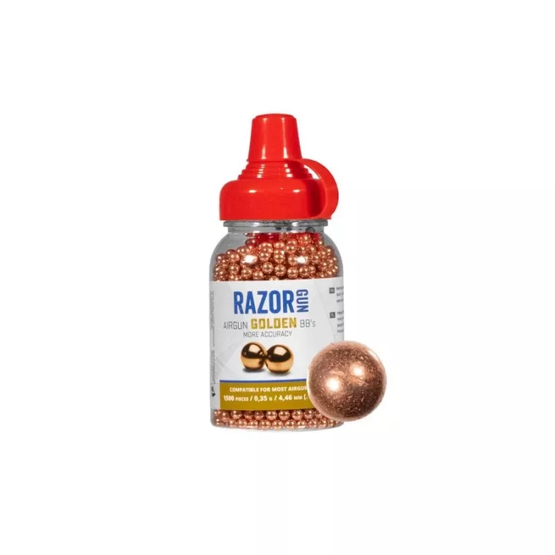 Chumbos RazorGun 4,46 mm BBs de aço, acabamento cobre, 1500 unid., distribuidor de plástico