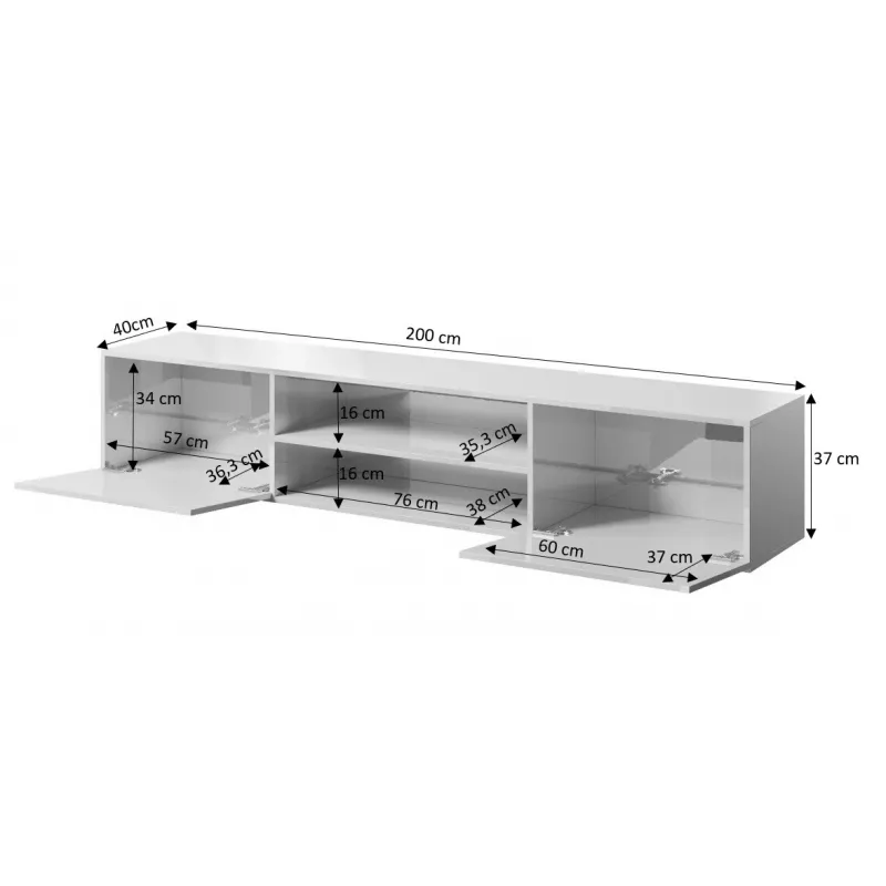 Móvel de TV Cama Meble SLIDE 200K — 200x40x37 cm, preto brilhante, tampo de aglomerado