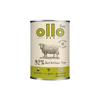 Comida húmida para cães OLLO Pure vaca e estômago verde 400 g lata — adulto, proteína 14,5 %, gordura 11,9 %, humidade 69 %
