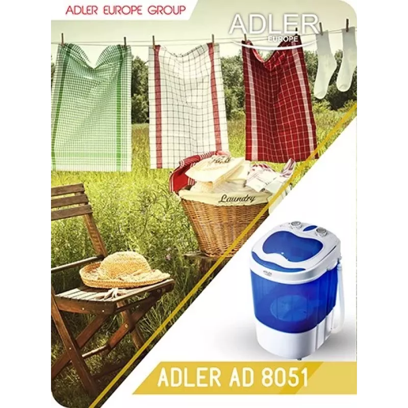Adler AD 8051 máquina de lavar roupa de carga superior 3 kg com centrifugação, semiautomática, largura 38 cm, profundidade 37 cm, branco/azul