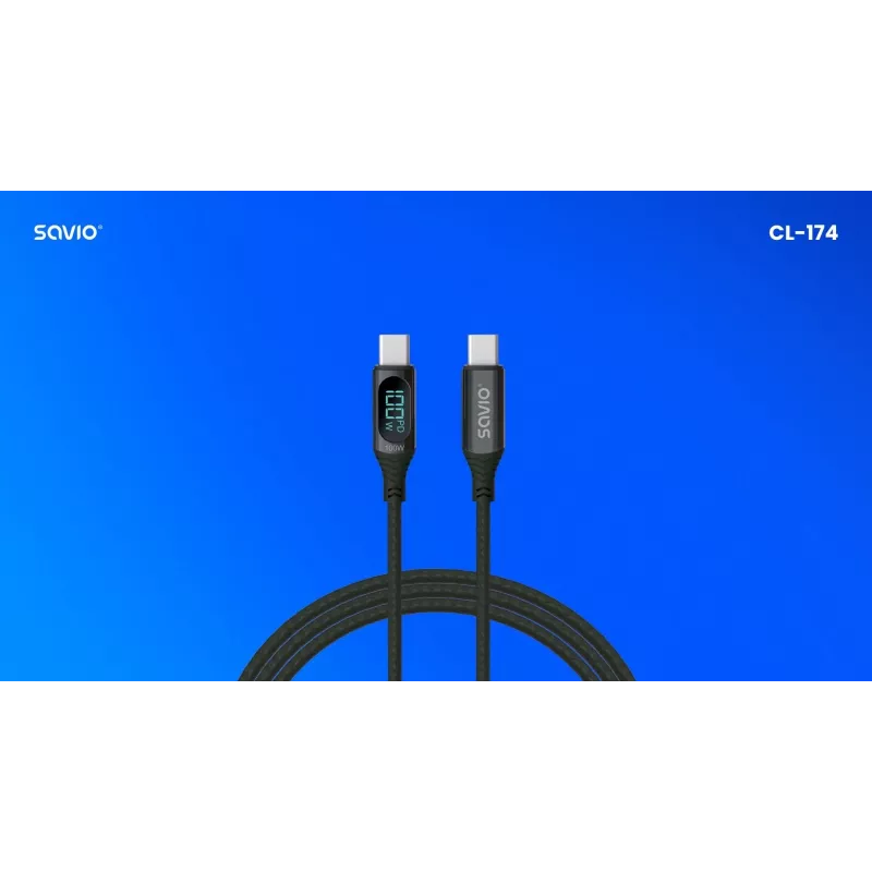 Savio CL-174 cabo USB-C para USB-C, 100 W, Power Delivery/Quick Charge, visor digital, 1 m, verde