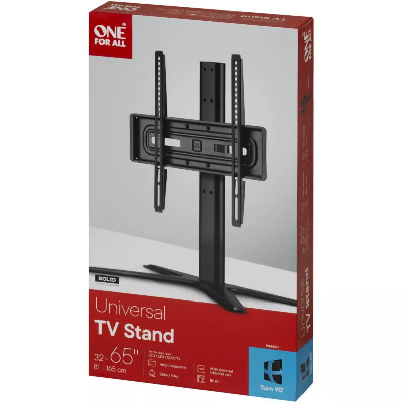Suporte de TV de mesa One For All SOLID – adequado para todos os tipos de TV de 32 a 65 polegadas – LCD/LED/Plasma/OLED/QLED – orientável (90°) inclinável (15°) – altura ajustável – VESA 60