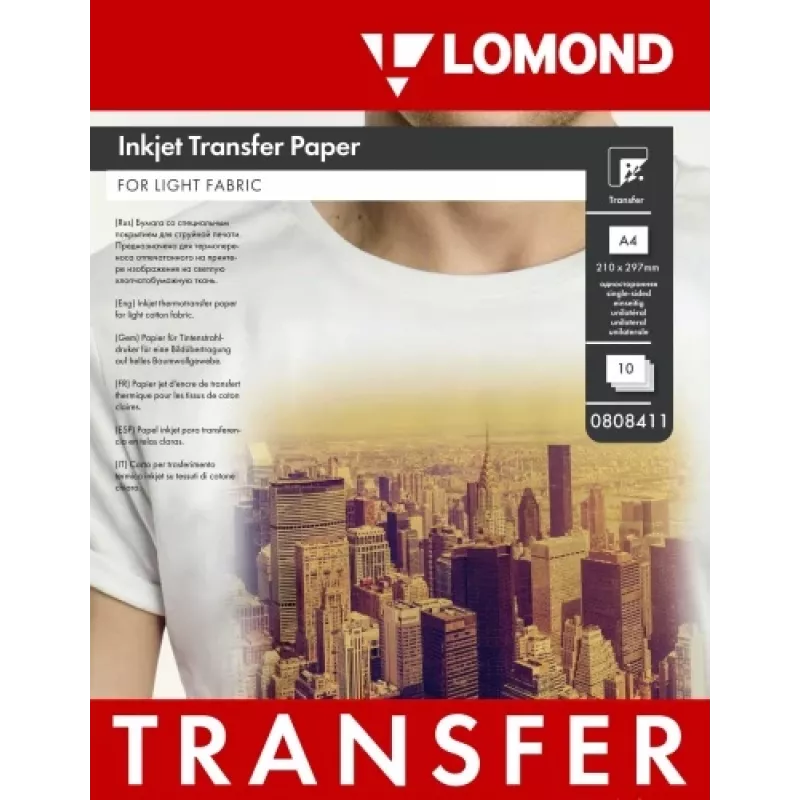 Papel de transferência térmica para jato de tinta Lomond A4, 10 folhas, para tecidos claros