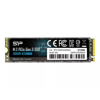 SSD M.2 NVMe Silicon Power P34A60 512 GB — PCIe, leitura 2200 MB/s, escrita 1600 MB/s, NVMe 1.3