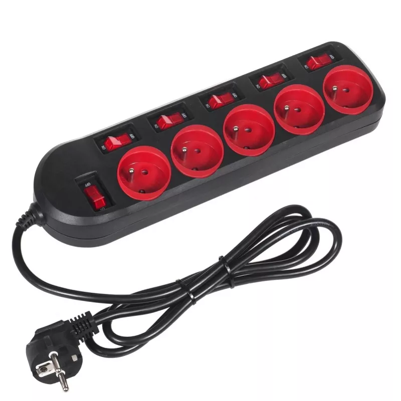 Extensão elétrica MACLEAN MCE204 cabo de 1,5 m, 5 tomadas AC, interior, preto/vermelho