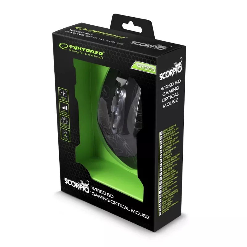 Esperanza MX203 SCORPIO - Rato - USB - azul - rato - ótico - 6 botões - preto