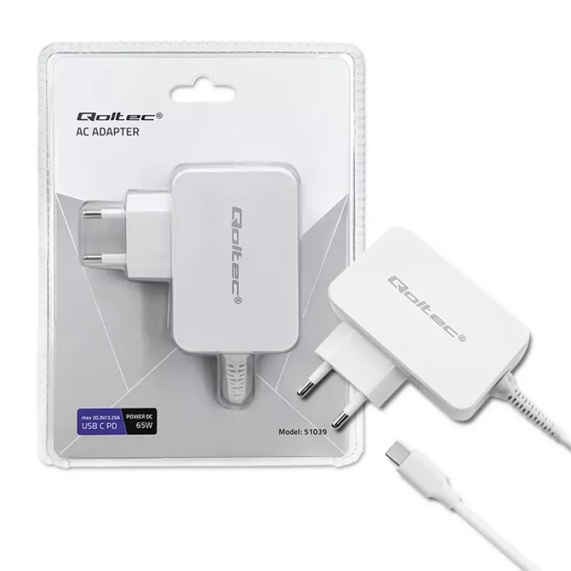 Qoltec 51039 adaptador de corrente 65 W USB-C PD, 5–20,3 V, 2–3,25 A, cabo USB-C integrado, branco
