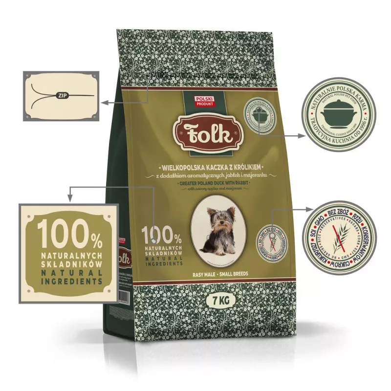FOLK raças pequenas tradicional pato da Grande Polónia com coelho, maçãs e manjerona - comida seca para cães - 7kg