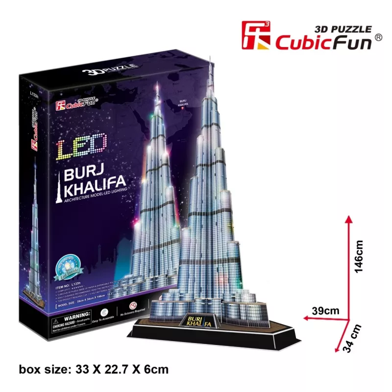 CubicFun L133H puzzle 3D Burj Khalifa (Light), 136 peças, iluminado com LED