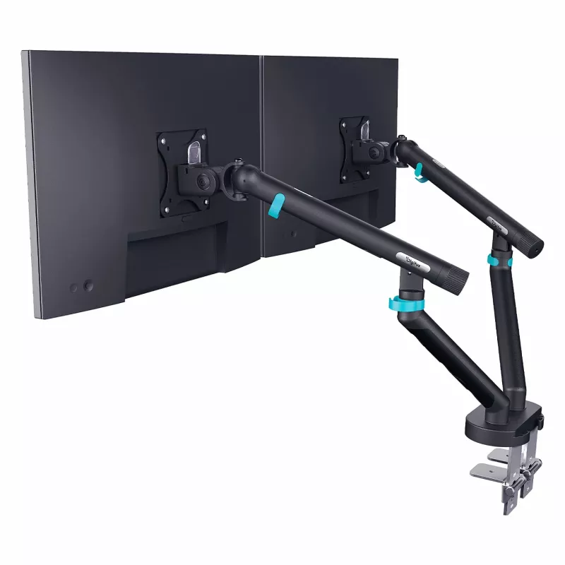 Suporte de monitor DIGITUS Dual-Design para 2 × ecrãs de 35 polegadas, grampo, 2 × 10 kg, VESA 75×75–100×100, inclinação -45–90°