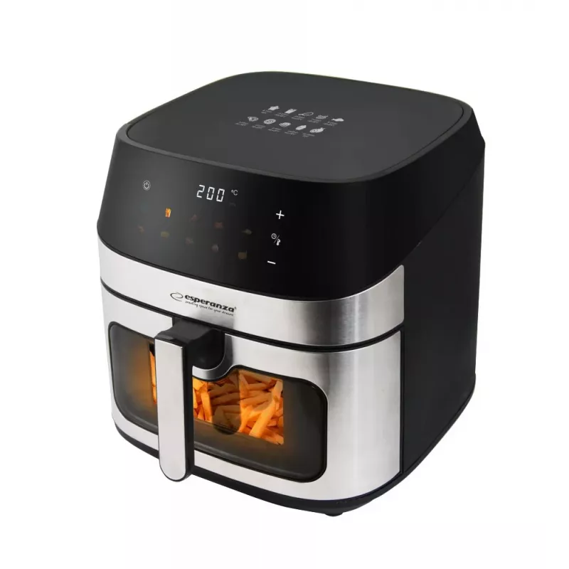 Fritadeira de ar quente ESPERANZA EKA005, capacidade de 8 L, 1600 W, controlo tátil, 10 programas, aço inoxidável, preto