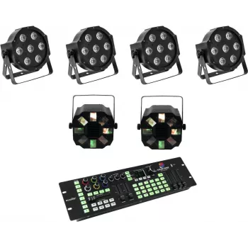 Conjunto de luzes de chão LED EUROLITE SLS-7 HCL 4x + LED FE-700 2x com controlador DMX Color Chief