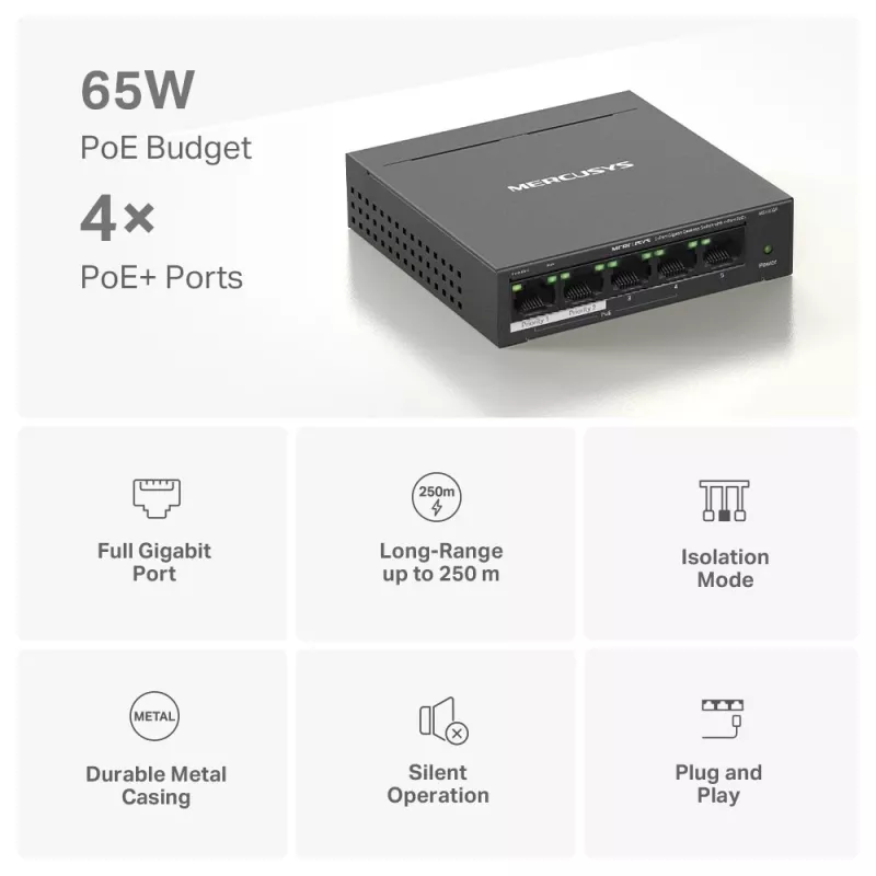 Switch de secretária Mercusys 5 portas Gigabit com 4 portas PoE+
