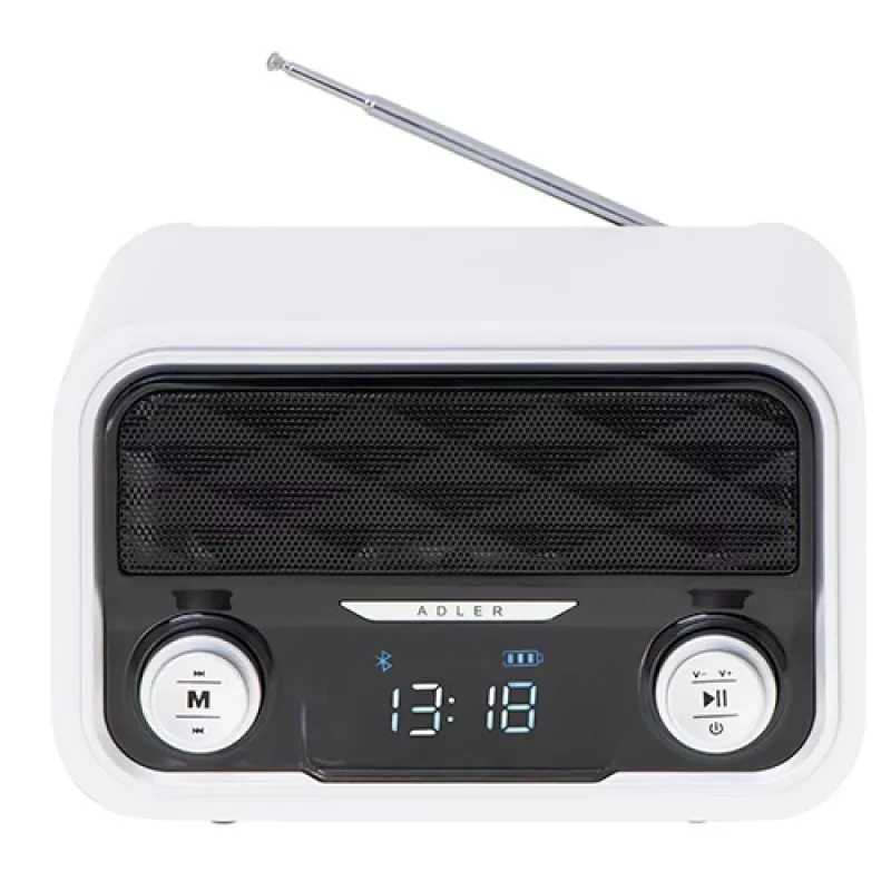 Rádio portátil Adler AD 1185 – FM, Bluetooth 4.0, MP3, cartão SD, AUX, bateria 1800 mAh, ecrã LCD, carregamento Micro-USB
