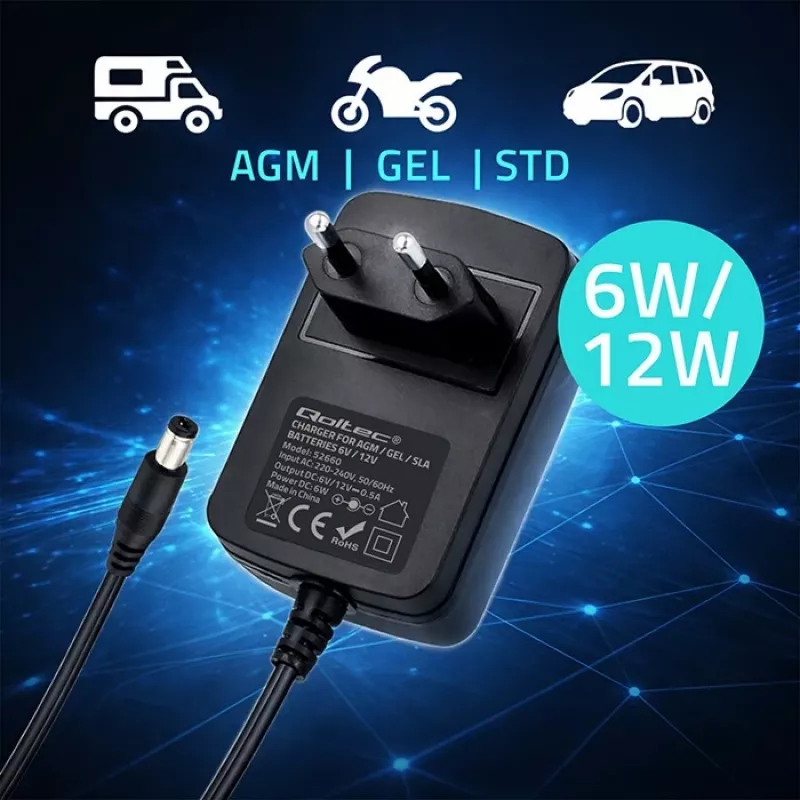 Carregador de baterias QOLTEC Modelo 52660 — 6V/12V, carregador 6W