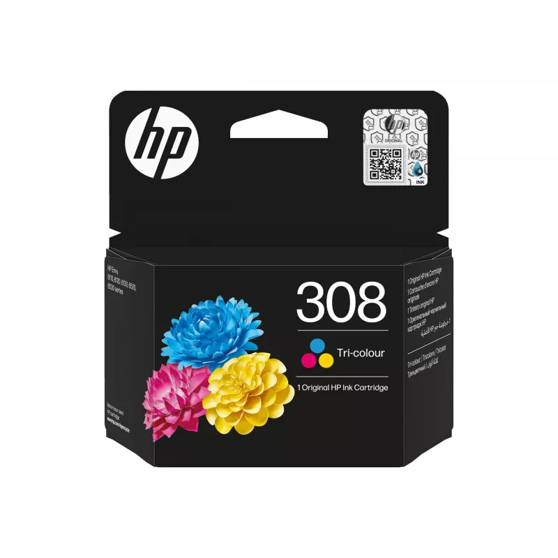 Cartucho de tinta original HP 308, 3 cores, rendimento padrão, ciano, magenta, amarelo, tinta de corante, 1 unid., 120 páginas, pack combinado