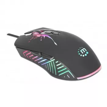Rato gaming Manhattan com LEDs, com fios, sete botões, roda de scroll, 7200 dpi, preto com iluminação LED, três anos de garantia