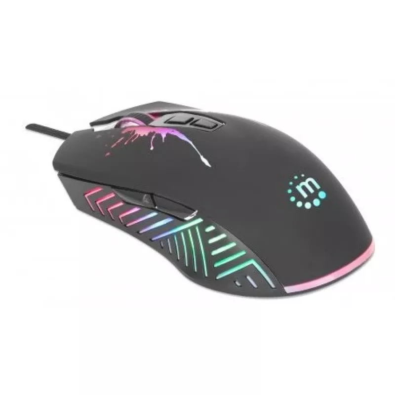 Rato gaming Manhattan com LEDs, com fios, sete botões, roda de scroll, 7200 dpi, preto com iluminação LED, três anos de garantia