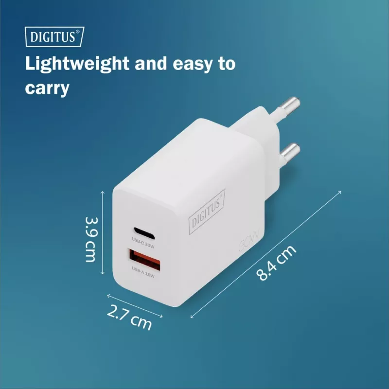 Carregador USB GaN de interior DIGITUS DA-10301 — 30W, 1× USB-C, 1× USB-A, 100–240V, branco