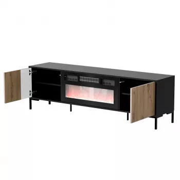 Móvel de TV cama meble MERCI com lareira, 180 x 40 x 53,5 cm, tampo preto, moldura em carvalho artesanal
