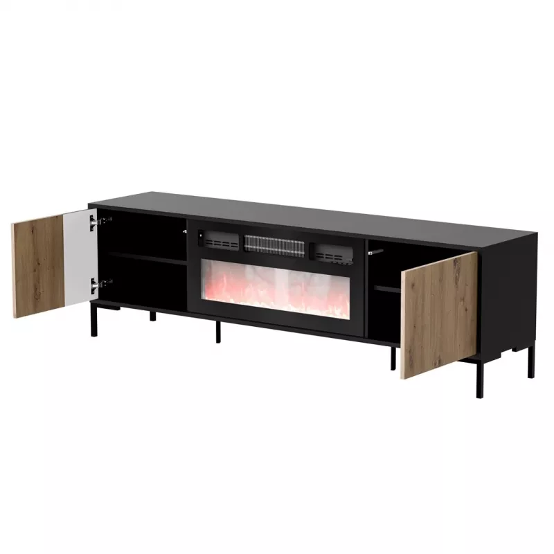 Móvel de TV cama meble MERCI com lareira, 180 x 40 x 53,5 cm, tampo preto, moldura em carvalho artesanal