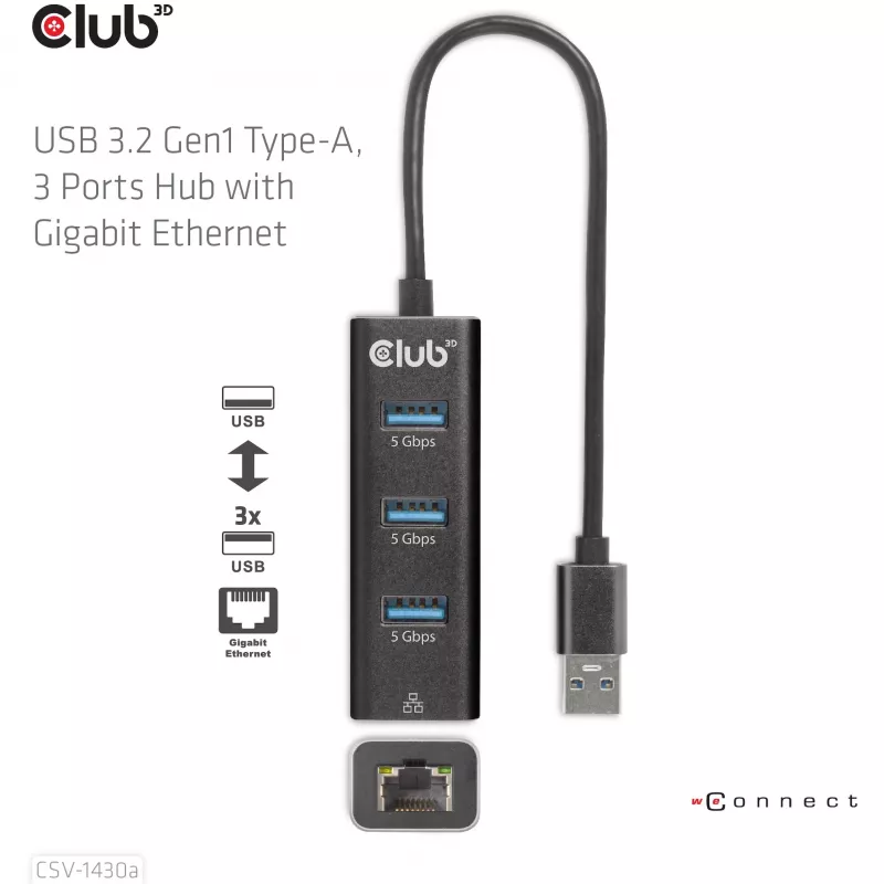 Hub USB CLUB3D USB 3.2 Gen1 Type-A com 3 portas e Gigabit Ethernet