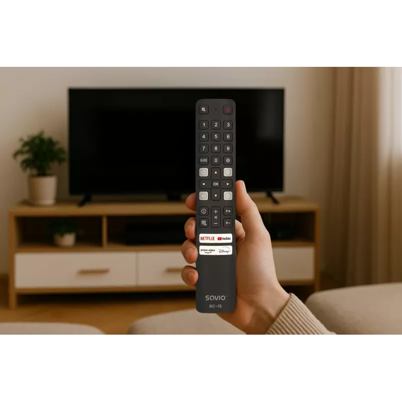 Comando à distância universal SAVIO RC-15 para TCL SMART TV, IR sem fios, preto, alcance 10 m