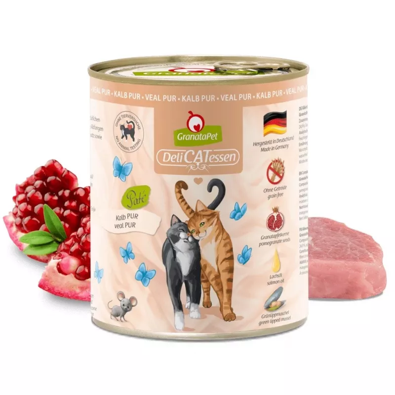 Comida húmida para gatos Fox4Pets DeliCATessen Pur vitela 800 g lata, adulto, alimento completo, hipoalergénico, sem glúten e soja