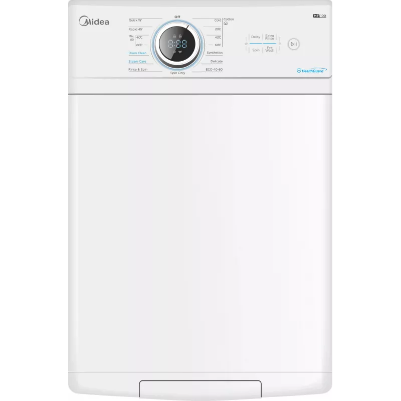 Máquina de lavar Midea | MF100T60B/W-HR | classe de eficiência energética A | carga superior | capacidade de lavagem 6 kg | 1200 rpm | profundidade 61 cm | largura 40 cm | visor | LED | função vapor | W