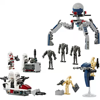 LEGO Star Wars Clone Trooper e Battle Droid Battle Pack Brinquedo de construção para crianças com veículo Speeder Bike, 4 minifiguras e 5 figuras, presente para rapazes