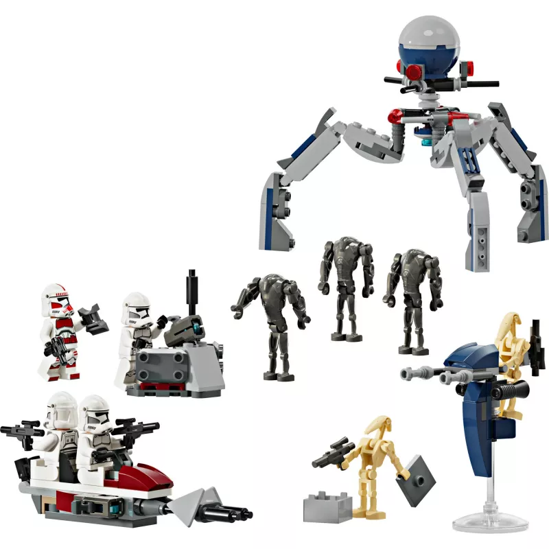 LEGO Star Wars Clone Trooper e Battle Droid Battle Pack Brinquedo de construção para crianças com veículo Speeder Bike, 4 minifiguras e 5 figuras, presente para rapazes