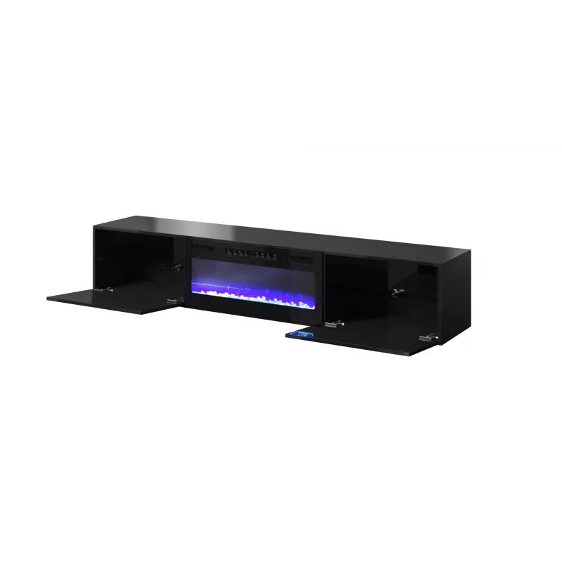 Móvel de TV Cama Meble SLIDE 200K com lareira elétrica 200×40×37 cm preto brilhante, portas em MDF, corpo em aglomerado